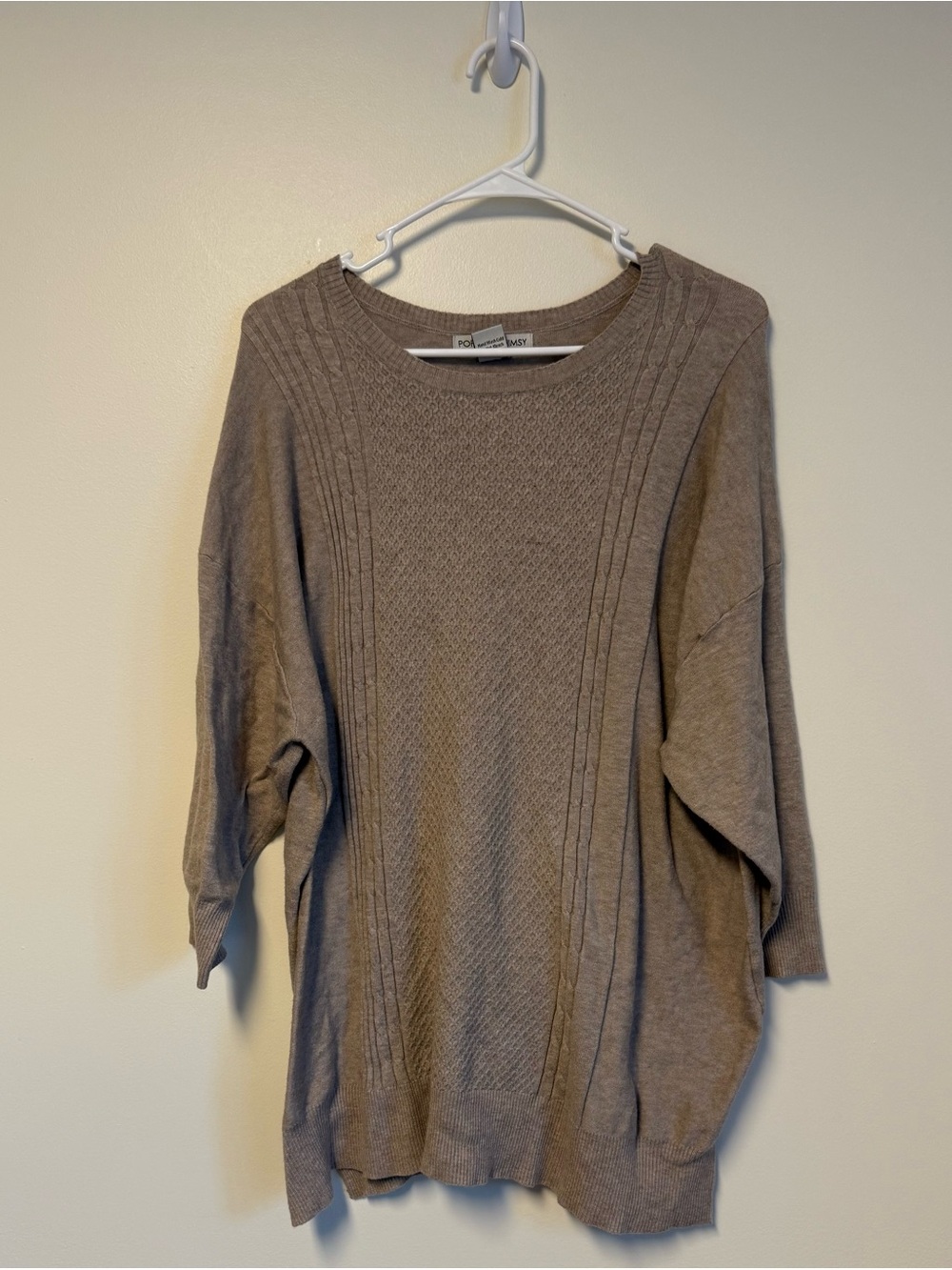 Relaxed Taupe Scoop Neck Cable-Panel Sweater